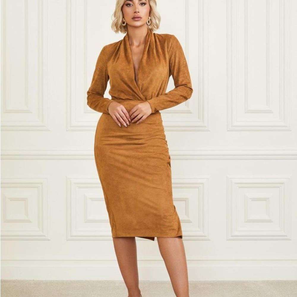 Guess by Marciano Long Sleeve Wrap Midi Dress in Camel